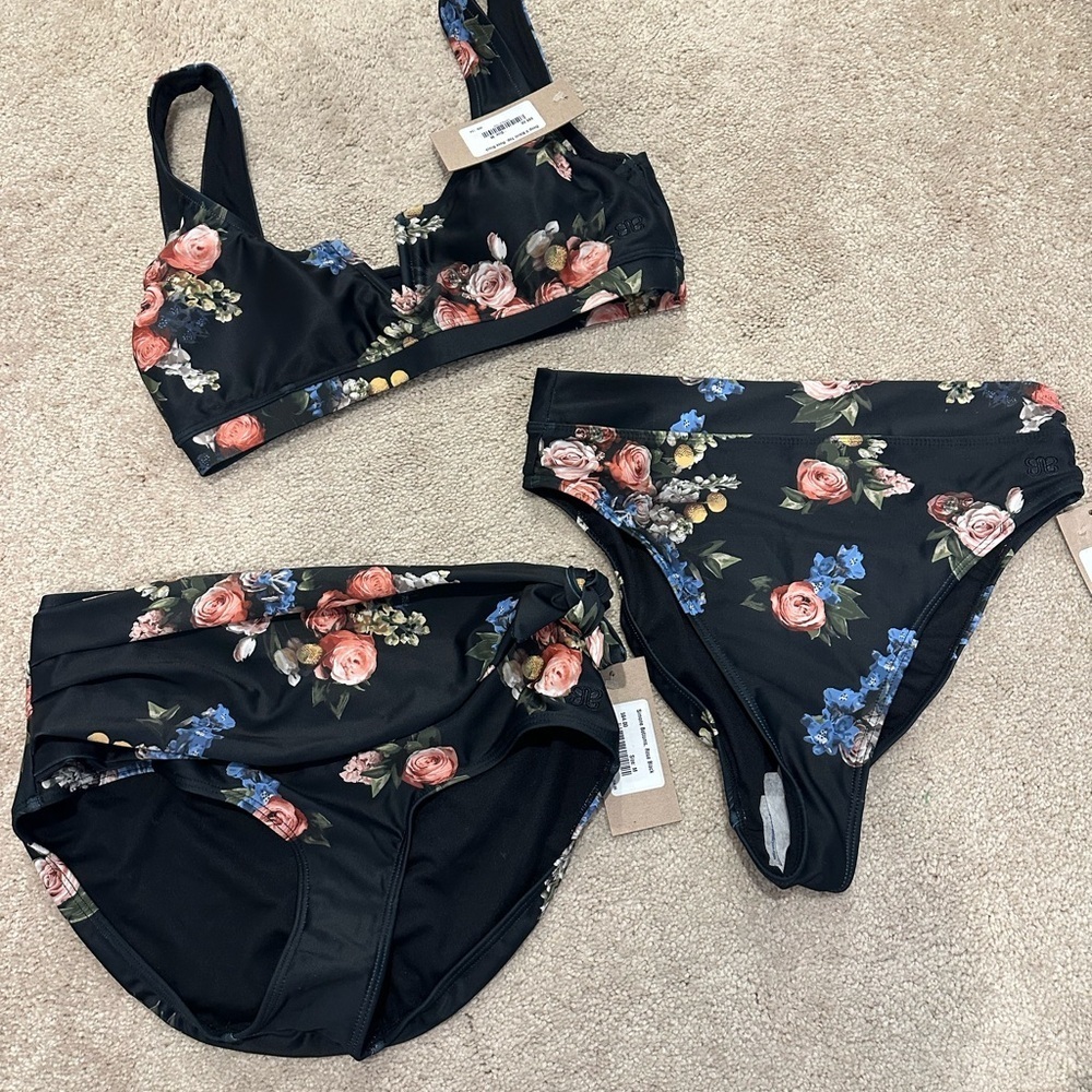 Albion Black Floral Bikini Set with Pink & Blue Roses